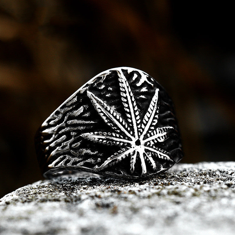 Rustic Stainless Steel Marijuana Leaf Ring