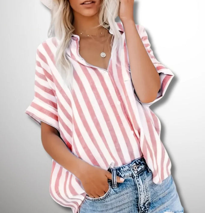 Short-sleeved Cotton and Linen Stripes Loose Shirt