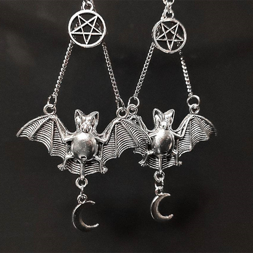 Pentagram Bat Moon Charm Earrings