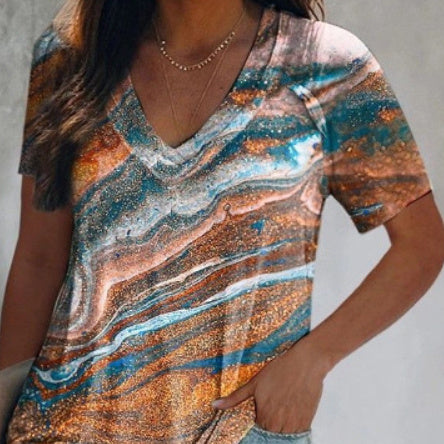 Summer Fashion Casual V-neck Women's Printed Tie-dye Short-sleeved T-shirt