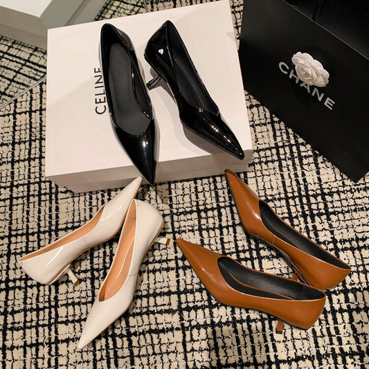 Patent Sheepskin Stiletto Heel Pointed Toe V-shaped Mouth Pumps