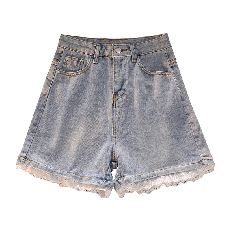 Women's High-waist Lace Denim Shorts