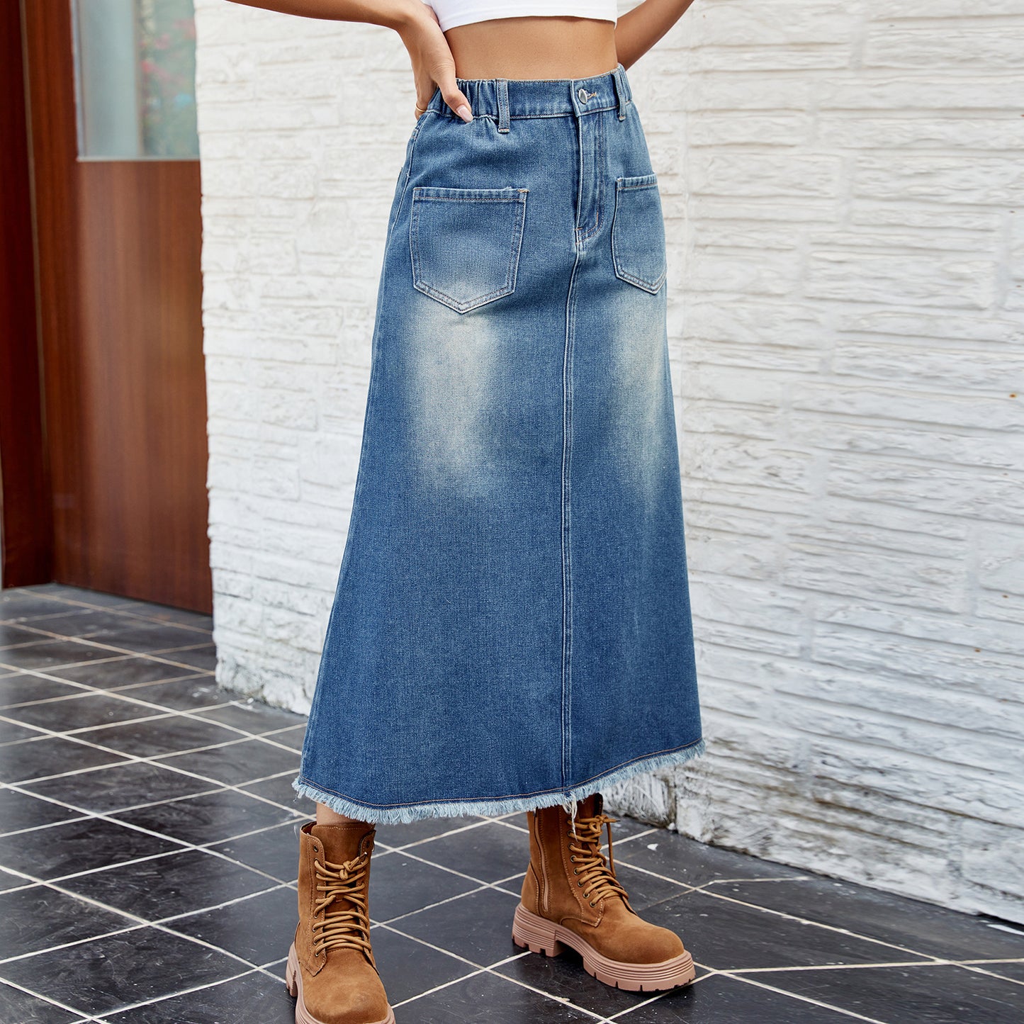 Washed Frayed Hem Denim Skirt Midi Skirt