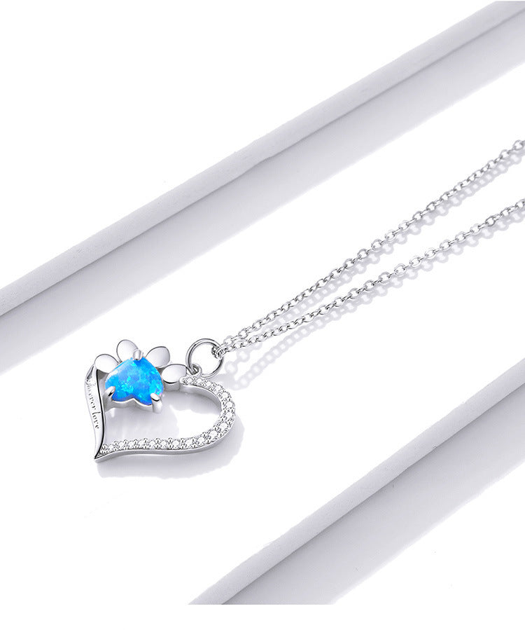 White Gold Plated Blue Opal Zircon Heart-shaped Pure Necklace