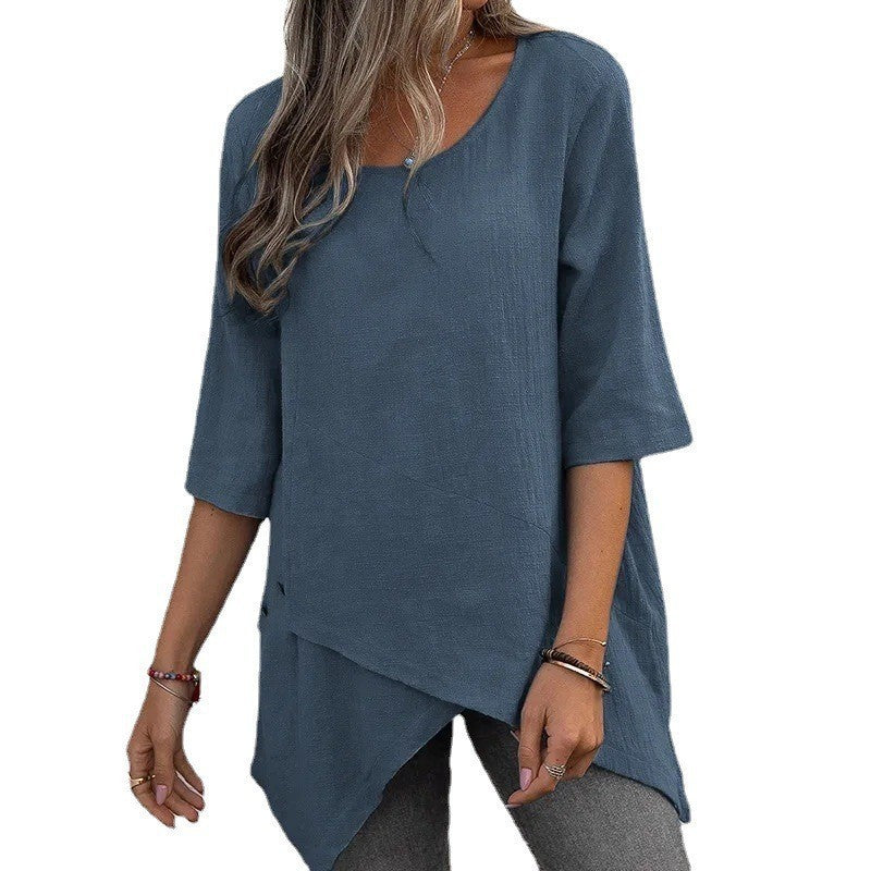 Cotton Linen Round-neck Irregular Half Sleeve Shirt