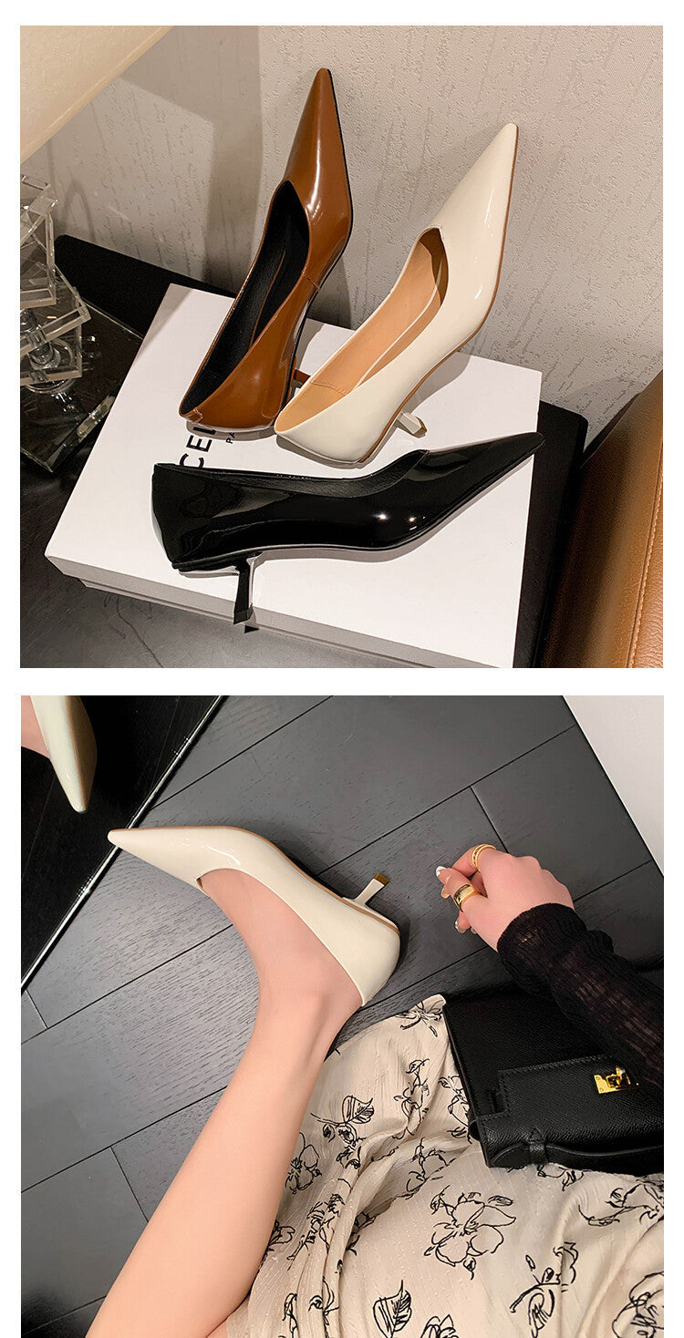 Patent Sheepskin Stiletto Heel Pointed Toe V-shaped Mouth Pumps