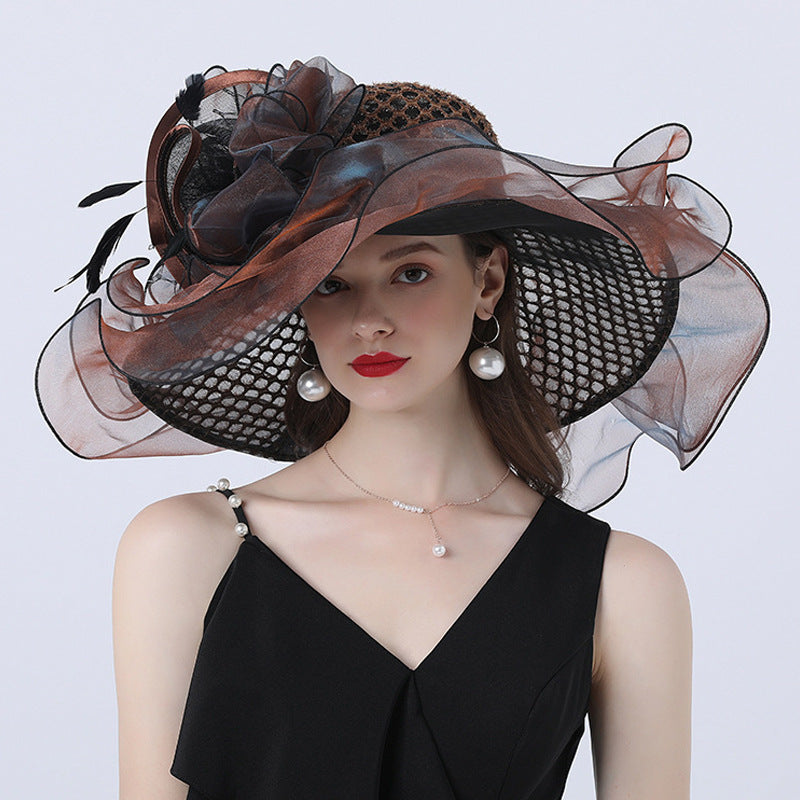 Mesh Flower Decoration Broad-brimmed Hat