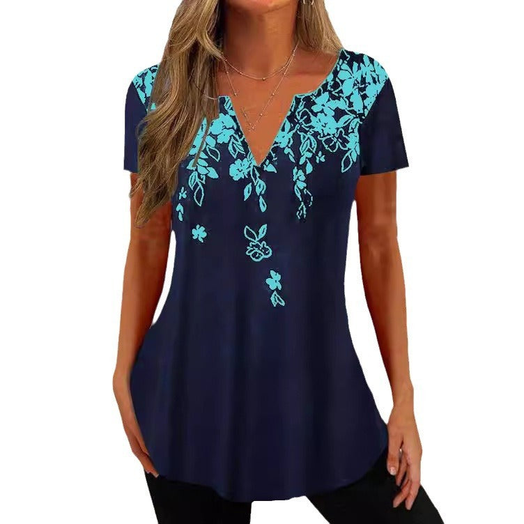 European Loose V-neck Gradient Color Short Sleeve Printed Top