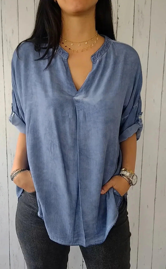 V-neck Cotton And Linen Pure Plus Size Shirt