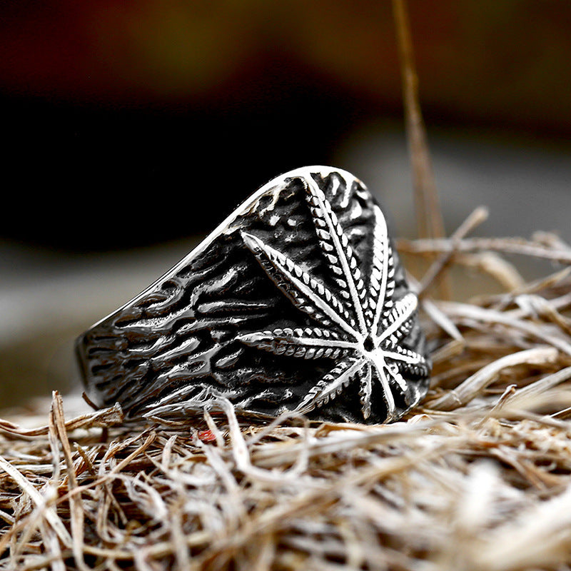 Rustic Stainless Steel Marijuana Leaf Ring