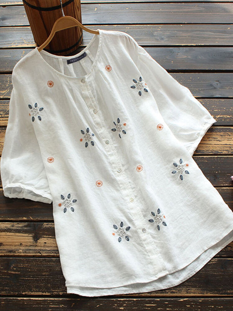 European Embroidered Crew Neck Button Shirt