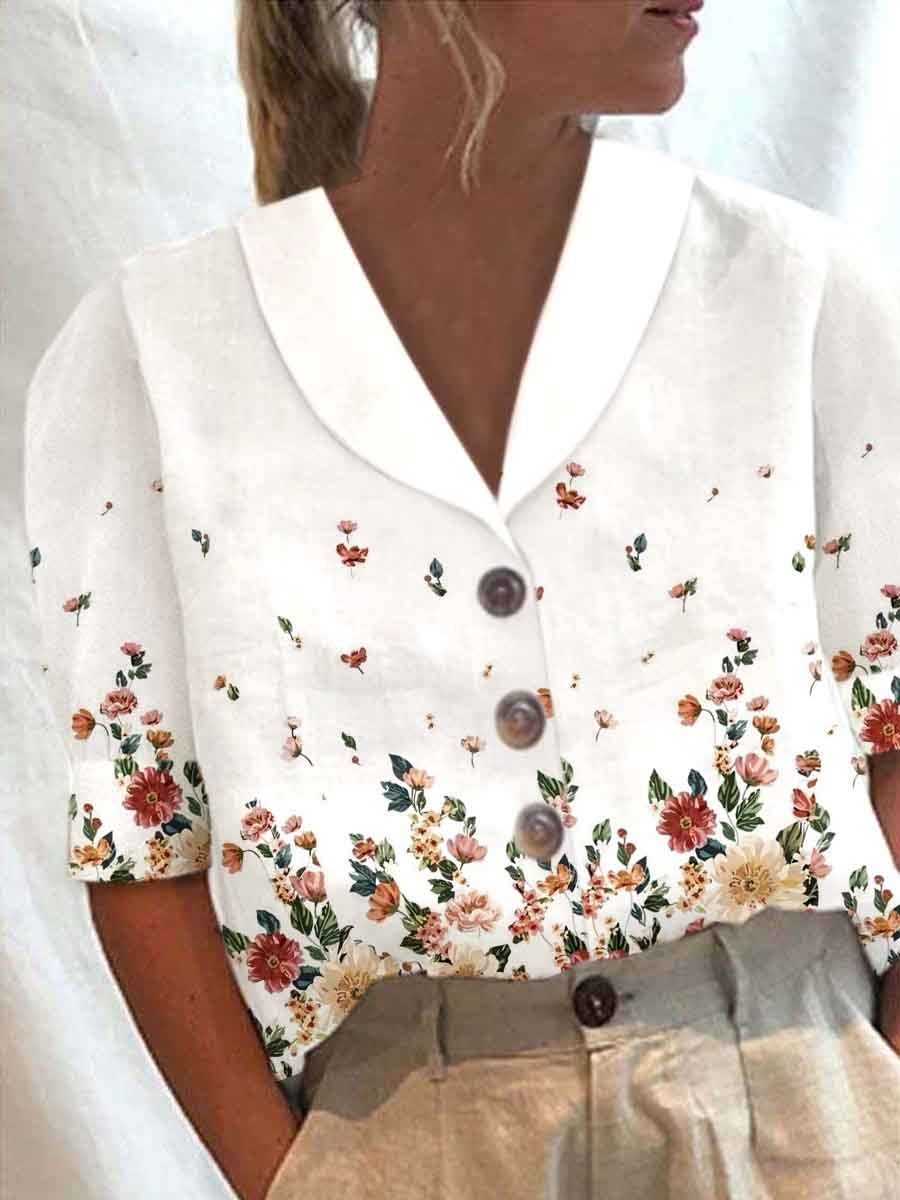 Cotton and Linen Printed Short-sleeved Shirt