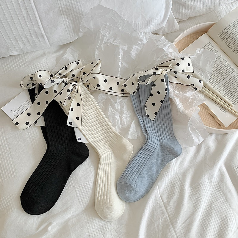 Thin Pure Cotton Polka Dot Bow Socks