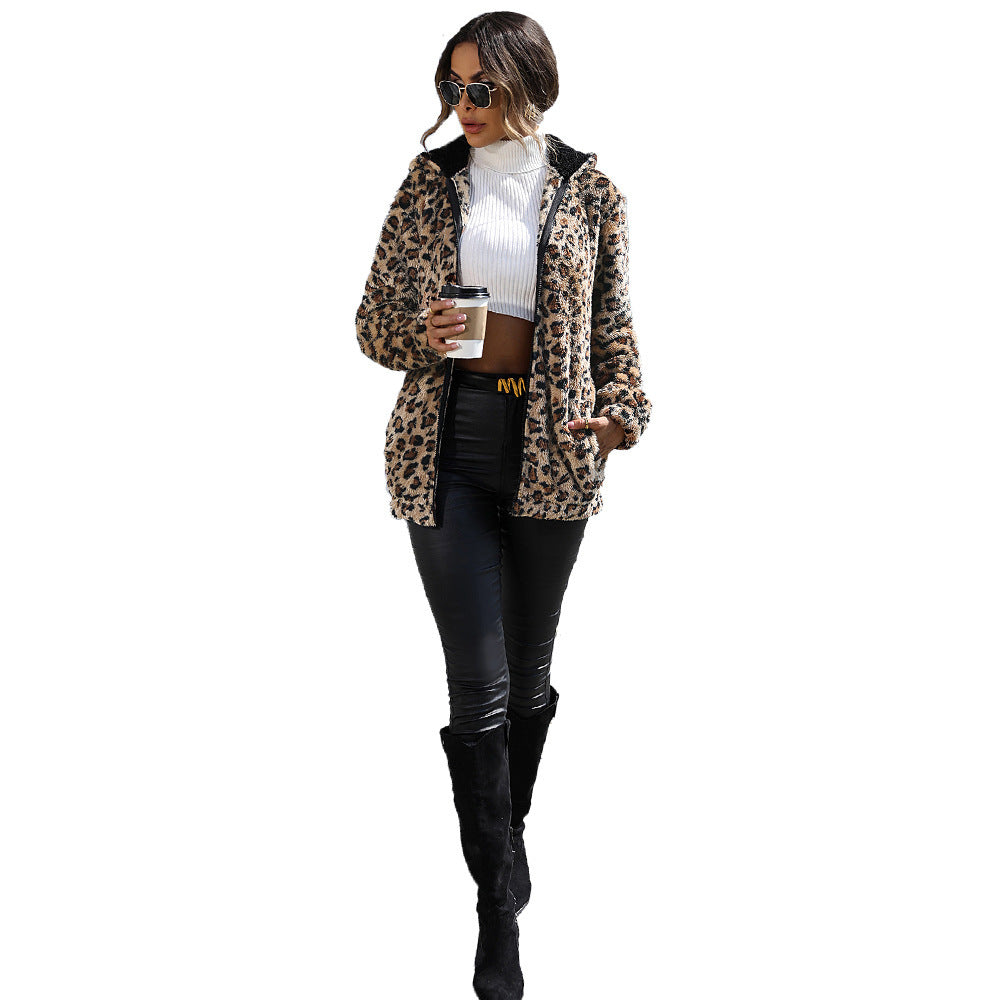 Women's Hooded Leopard Print Double-sided Velvet Loose Casual Jacket