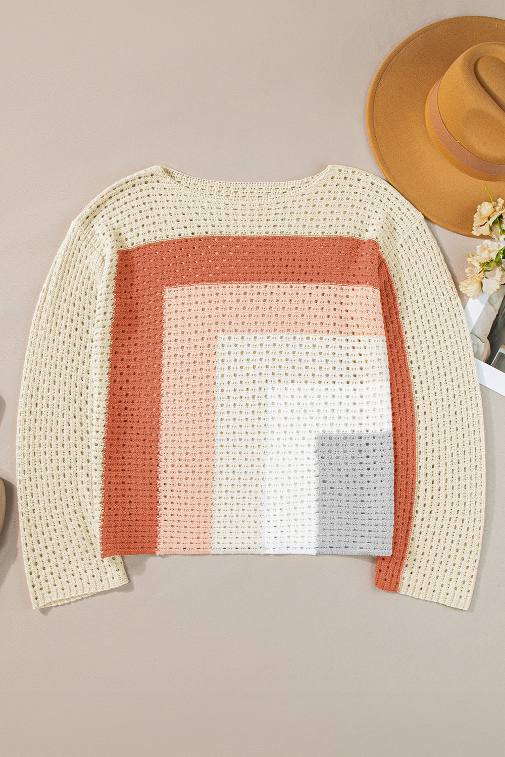 Openwork Color Block Long Sleeve Knit Top