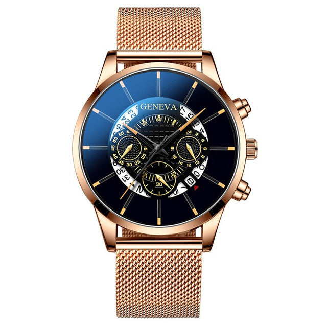 Businessman Alloy Mesh Band Calendar Watch