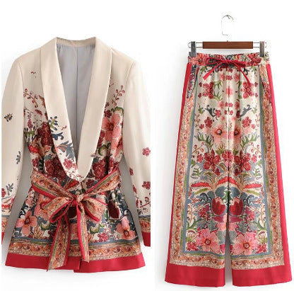 Women's floral jacket + wide leg pants suit