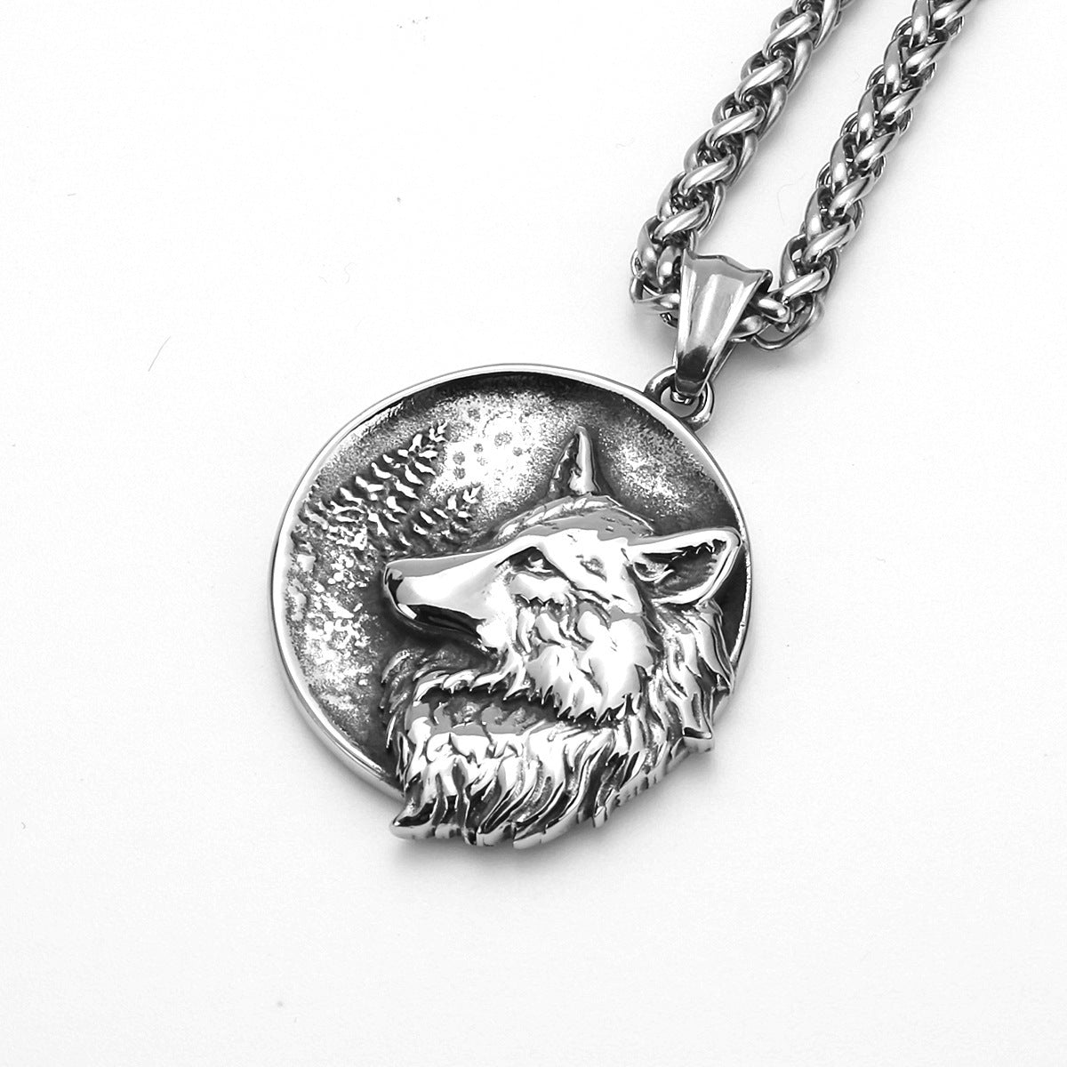 Titanium Steel Double Sided Wolf Head Pendant Necklace