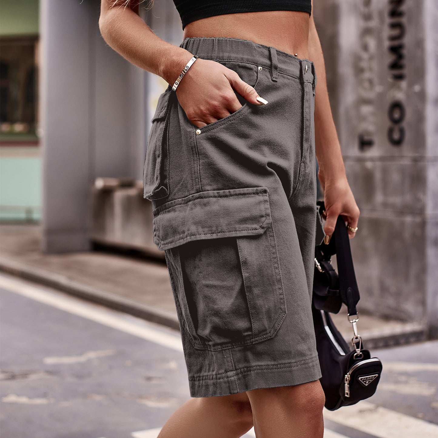 Women's Elastic Waist Denim Cargo Shorts