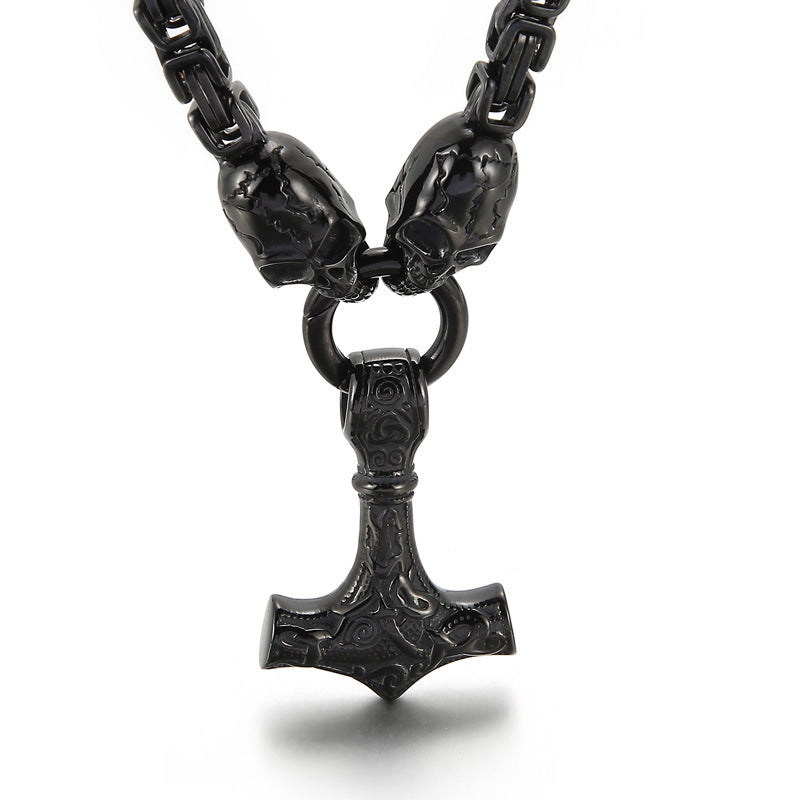 Titanium Steel Thors Hammer Skull Necklace