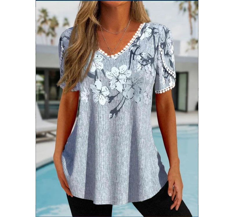 Loose Ruffled V-neck Short-sleeved Printed Top