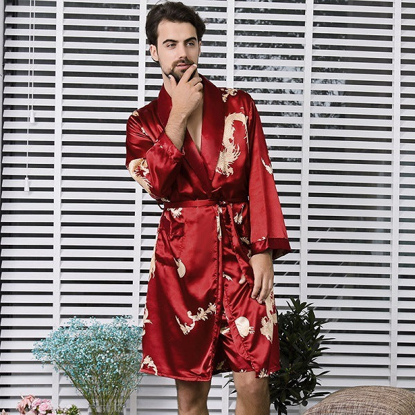 Men's simulation silk long sleeve robe