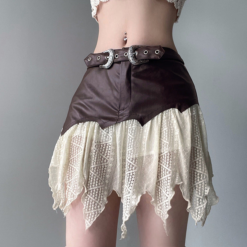 One-piece Leather Irregular Lace Skirt