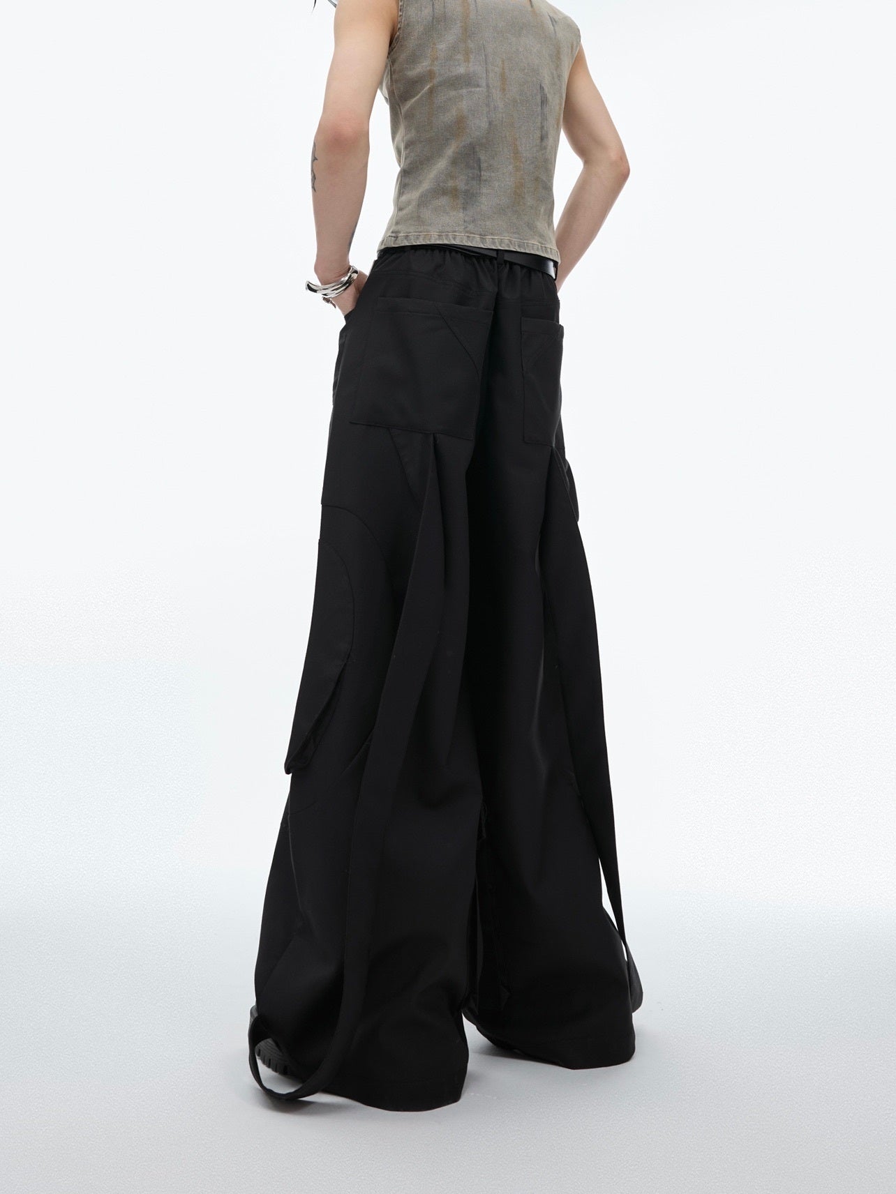 Multi-pocket Ribbon Suit Pants Drape Solid Color Casual Pants