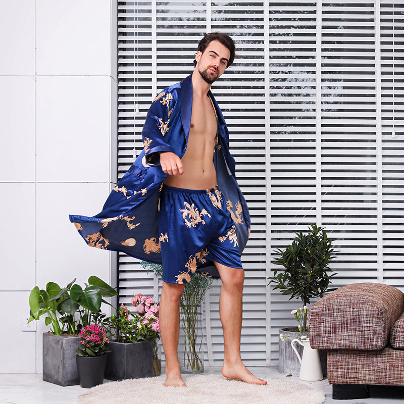 Men's simulation silk long sleeve robe