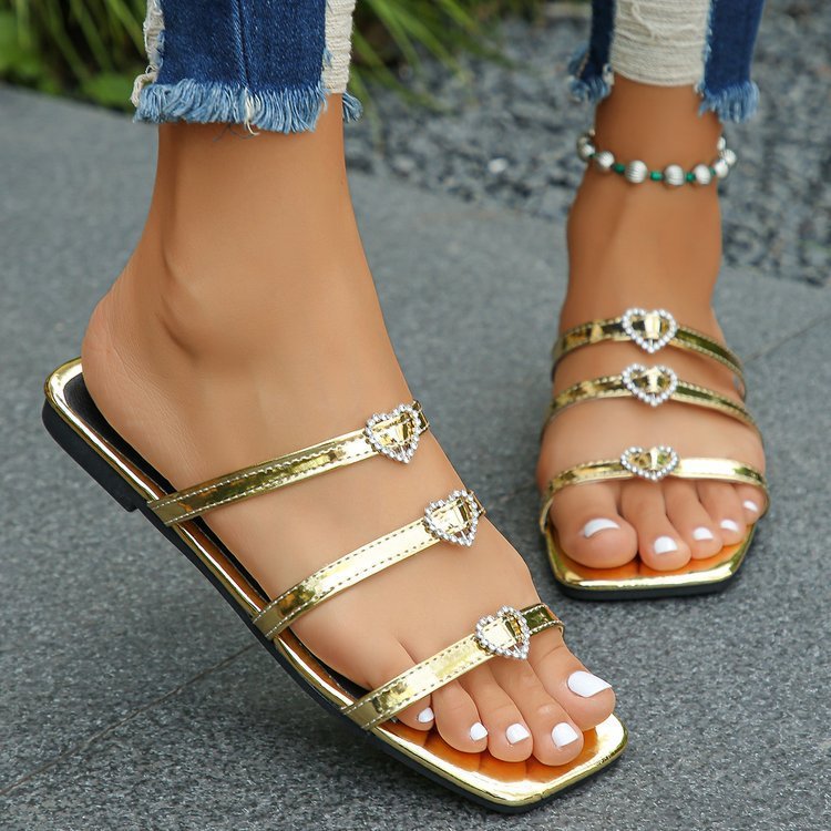 Women's Rhinestone Strap Square Toe Flat Bottom Sandals