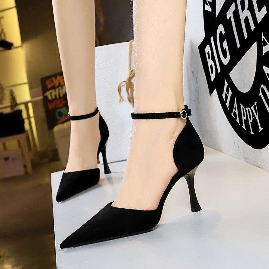 Suede Shallow Mouth Pointed-toe Hollowed Ankle-strap High Heels