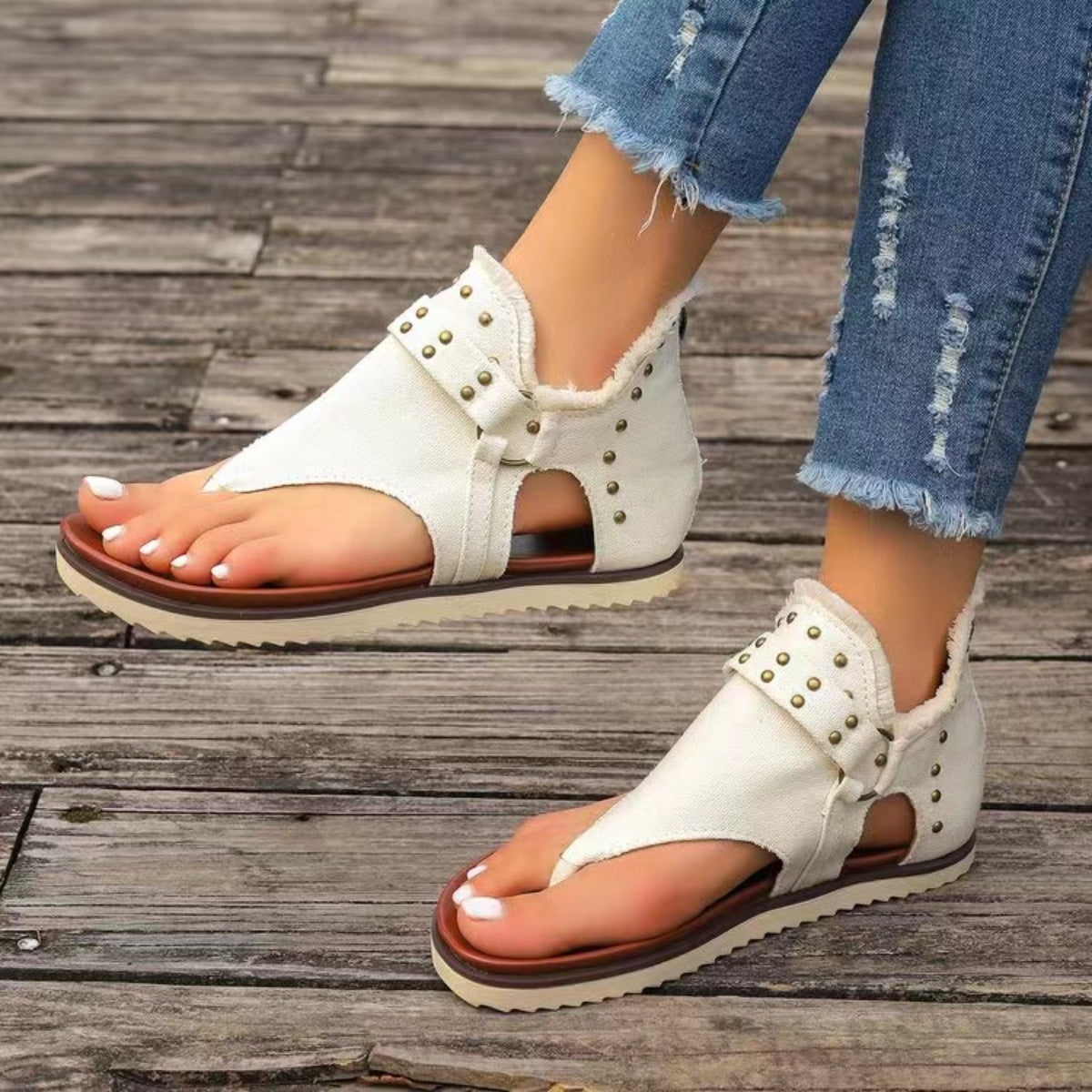 Studded Raw Hem Flat Sandals