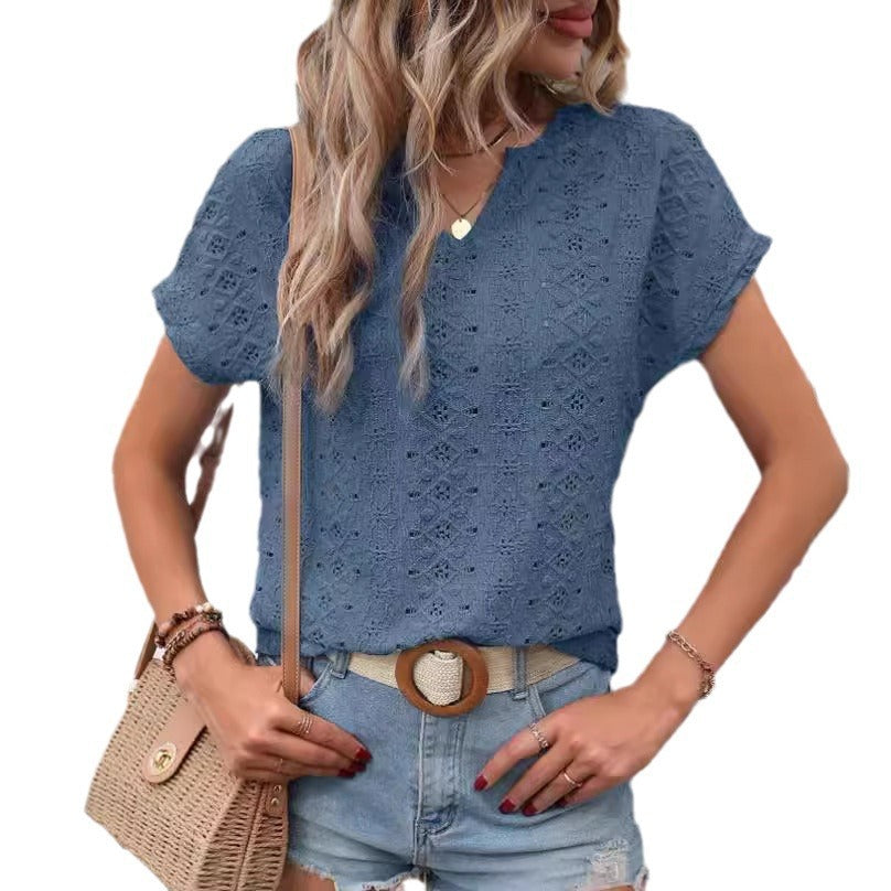 Casual Hollow Out V-neck K Short Sleeve Top