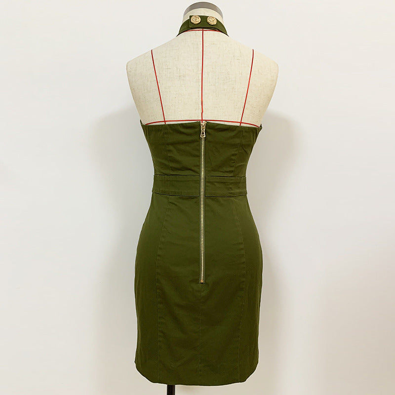 Green Cotton Backless Halter Dress