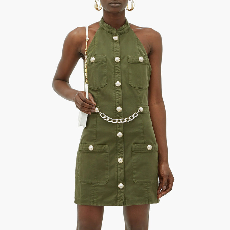 Green Cotton Backless Halter Dress