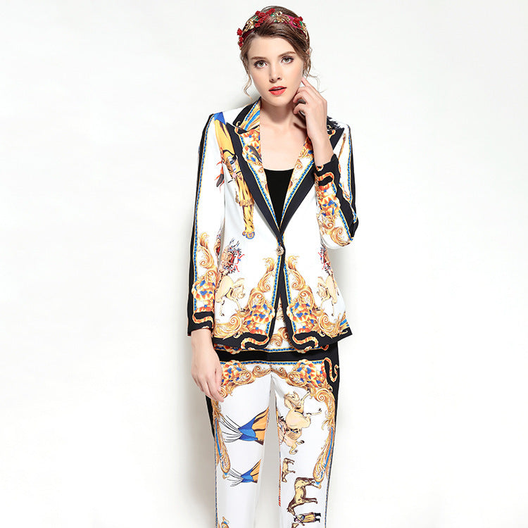 Ladies European Style Fashion Printed Suit