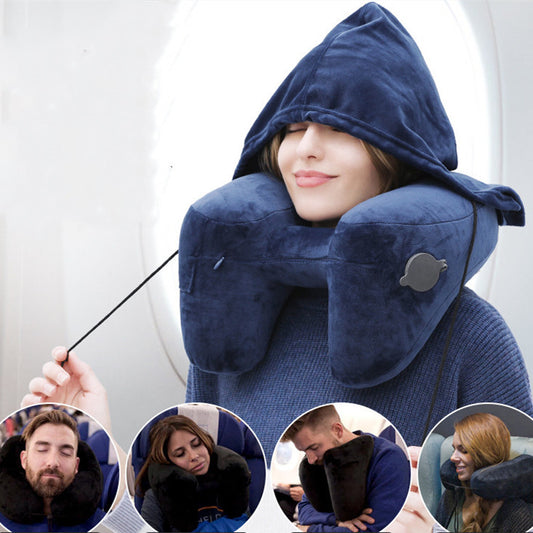 Hooded Travel Pillow H Shaped Inflatable Neck Pillow