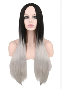 Straight hair black gray gradient color synthetic high temperature silk wig