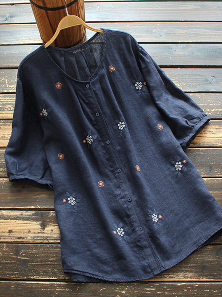 European Embroidered Crew Neck Button Shirt