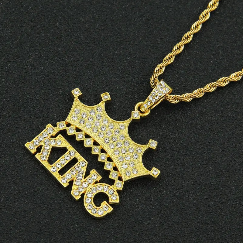 Rhinestone Diamond Crown King Pendant Necklace.