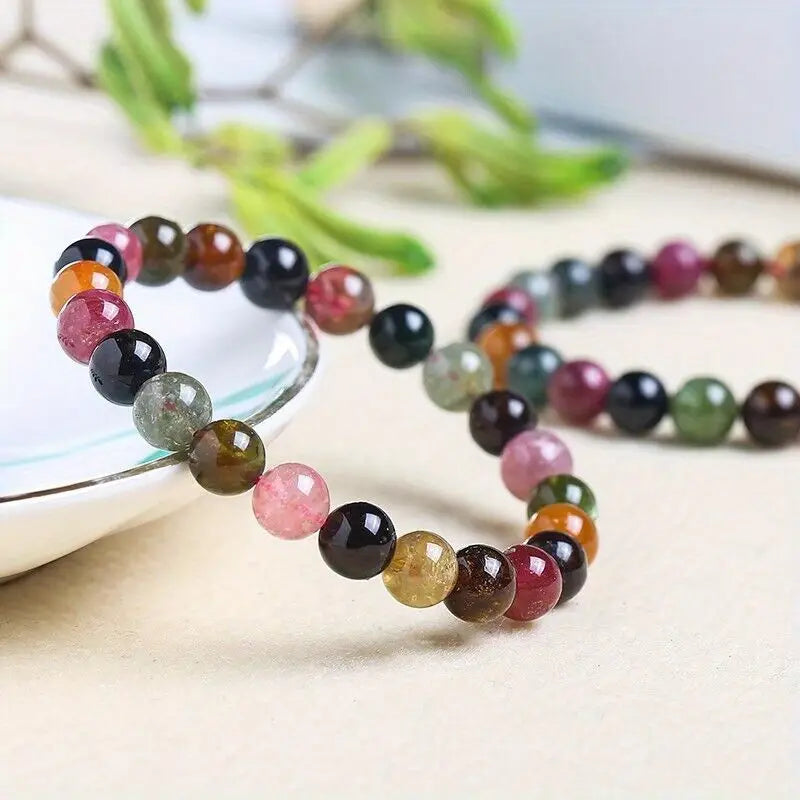 Rainbow Tourmaline Stone Beaded Bracelet.