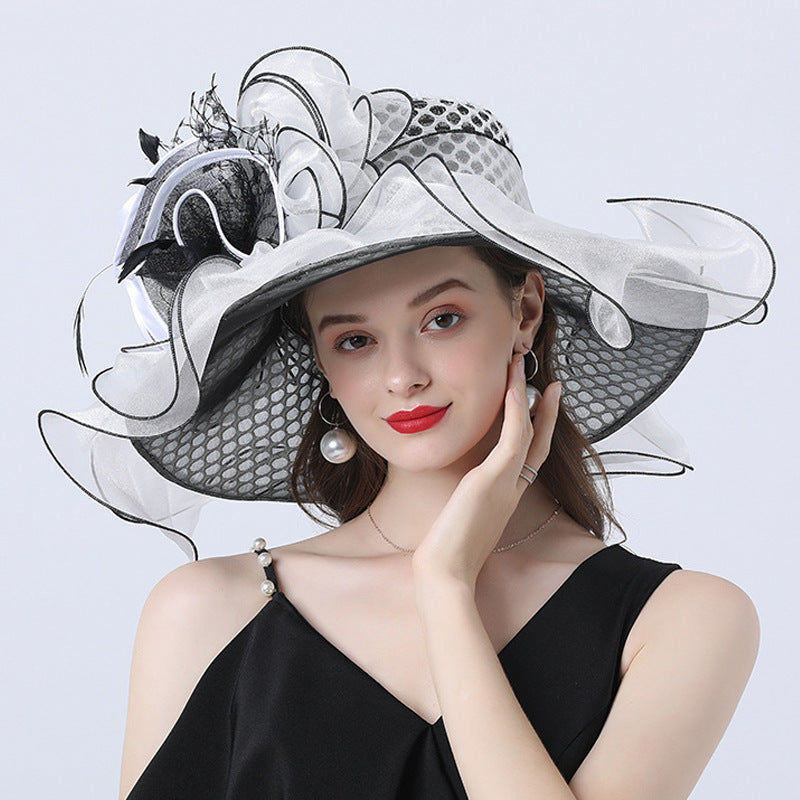 Mesh Flower Decoration Broad-brimmed Hat