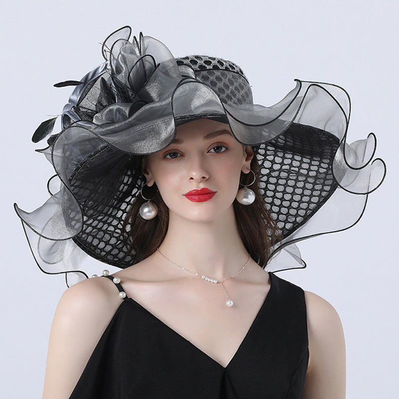 Mesh Flower Decoration Broad-brimmed Hat