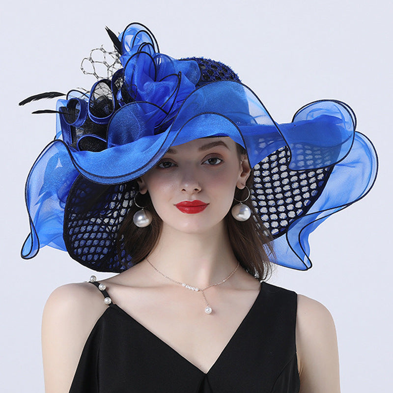 Mesh Flower Decoration Broad-brimmed Hat