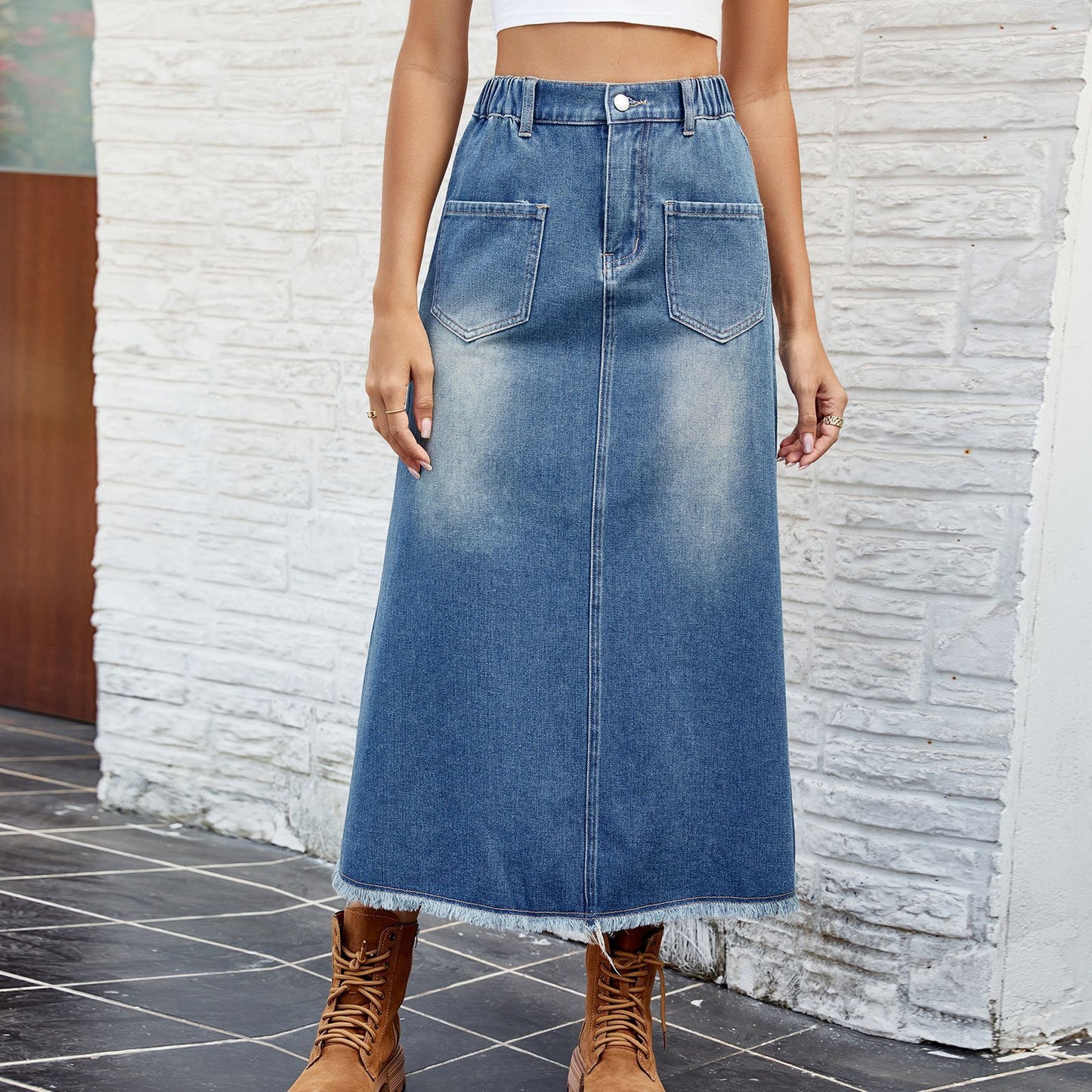 Washed Frayed Hem Denim Skirt Midi Skirt