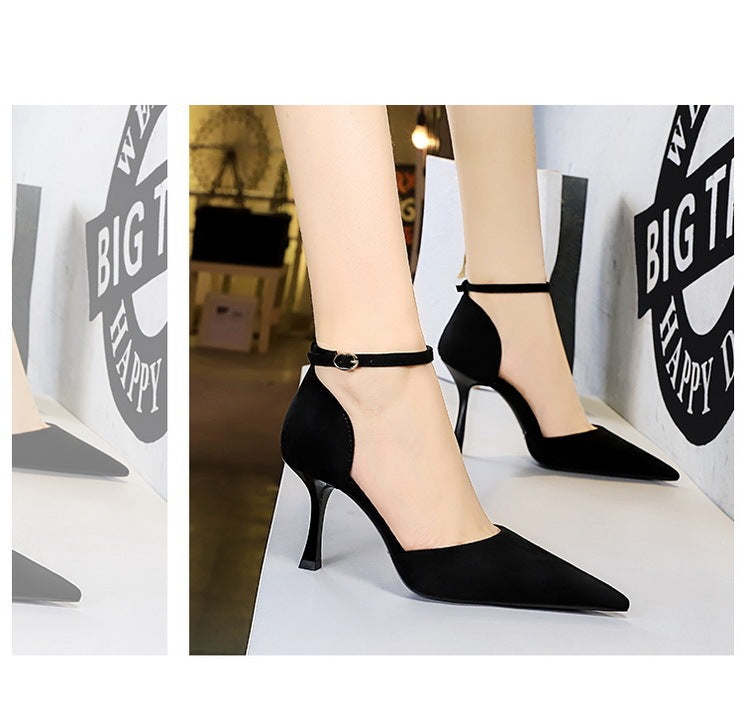 Suede Shallow Mouth Pointed-toe Hollowed Ankle-strap High Heels