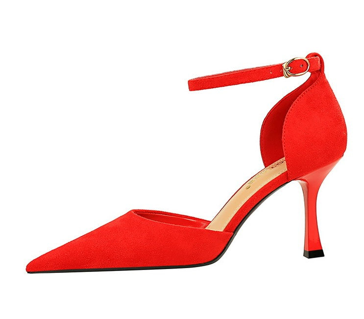 Suede Shallow Mouth Pointed-toe Hollowed Ankle-strap High Heels