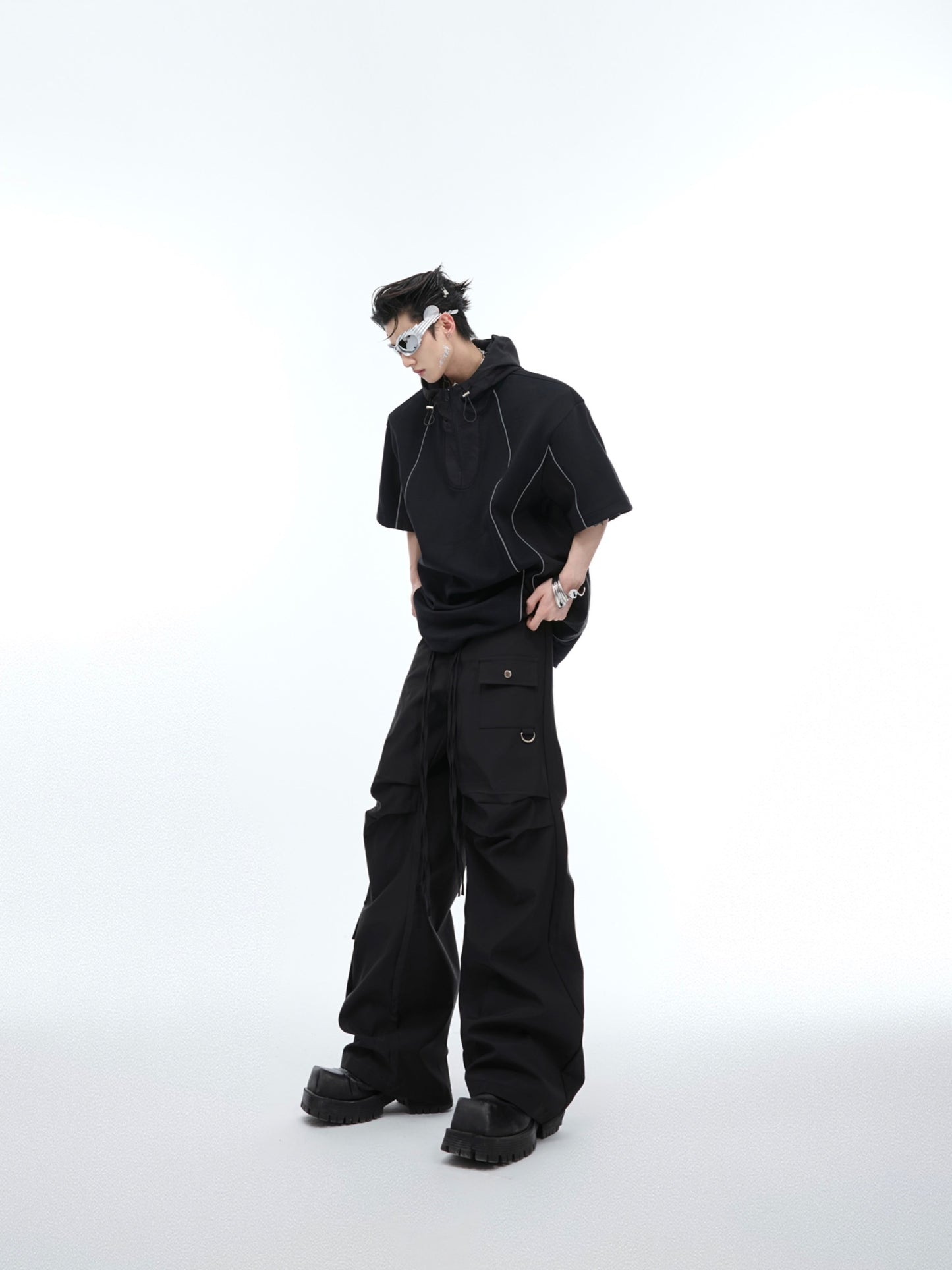 Deconstructed Stitching Design Hooded Short Sleeve Suit Outdoor Leisure Loose Cargo Pants