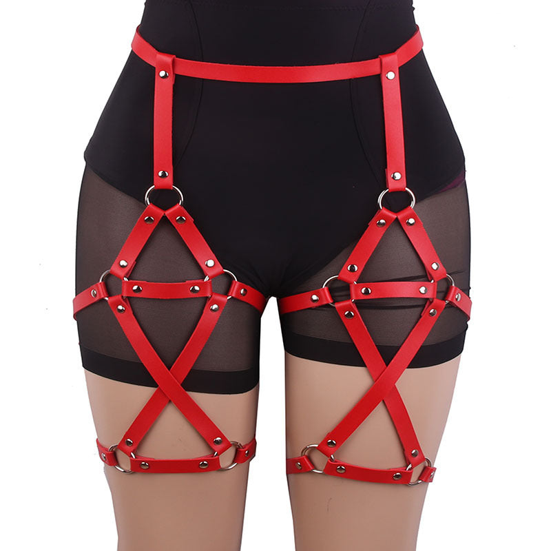 Double-row Cross Adjustable Leather Leg Ring Belt Integrated Suspenders