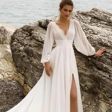 European High Waist Plus Size Deep V Long Sleeve Wedding Dress